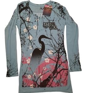 Christian Audigier Crystal Rock Blue Crane L/S Top Women L NWT Y2kstyle Y2k Edgy